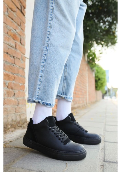 SHO004 Bağcıklı Yüksek Taban Cst Hıde Erkek Ayakkabı Sıyah