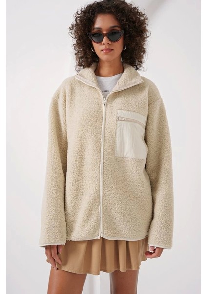 55446 Fermuarlı Oversize Peluş Ceket Mont Krem