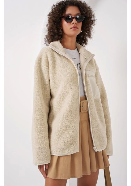 55446 Fermuarlı Oversize Peluş Ceket Mont Krem