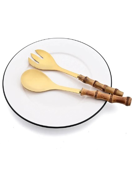 Bambu Ahşap Saplı Salata Kaşık ve Çatal Paslanmaz Çelik Servis Seti