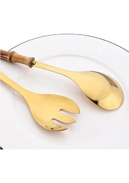Bambu Ahşap Saplı Salata Kaşık ve Çatal Paslanmaz Çelik Servis Seti