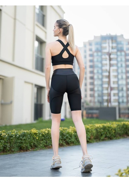 Roses Siyah Deri Görünümlü Kumaş Detaylı Biker ( Bisikletçi ) Tayt fırsatları