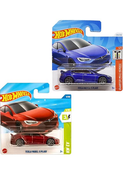 2 Araç Tesla Set - Hot Wheels Tesla Model S Plaid Bordo & Lacivert (1/64)