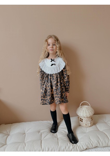 Yigit Butik Leopar Desenli Fiyonklu Kız Çocuk Elbise