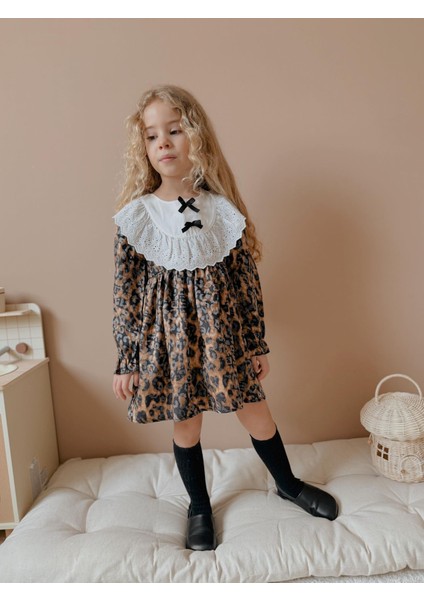 Yigit Butik Leopar Desenli Fiyonklu Kız Çocuk Elbise modelleri