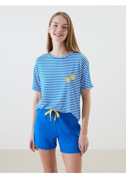 Lcw Dream Bisiklet Yaka Çizgili Kadın Şortlu Pijama Takımı