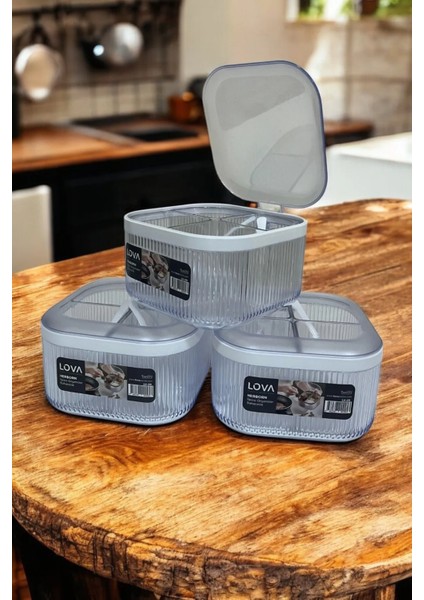 4 Bölmeli, 4 Kaşıklı, Kulplu Kapaklı Baharatlık, 1.1 Lt, 3'lü Set