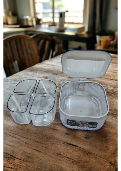 4 Bölmeli, 4 Kaşıklı, Kulplu Kapaklı Baharatlık, 1.1 Lt, 3'lü Set