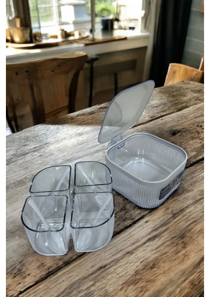 4 Bölmeli, 4 Kaşıklı, Kulplu Kapaklı Baharatlık, 1.1 Lt, 3'lü Set