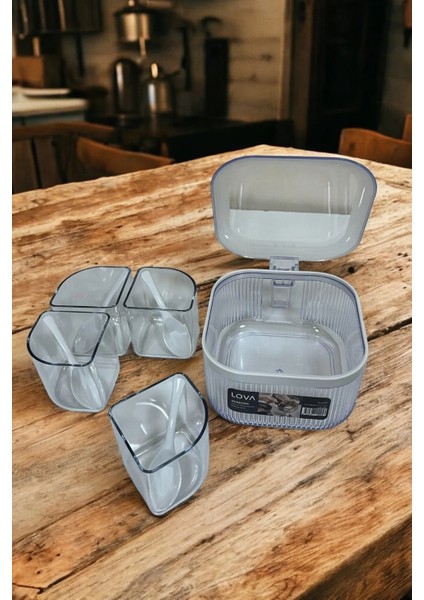 4 Bölmeli, 4 Kaşıklı, Kulplu Kapaklı Baharatlık, 1.1 Lt, 3'lü Set