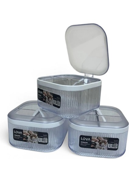 4 Bölmeli, 4 Kaşıklı, Kulplu Kapaklı Baharatlık, 1.1 Lt, 3'lü Set