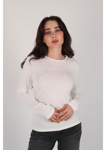 Kadın Ekru Bisiklet Yaka Uzun Kol Body