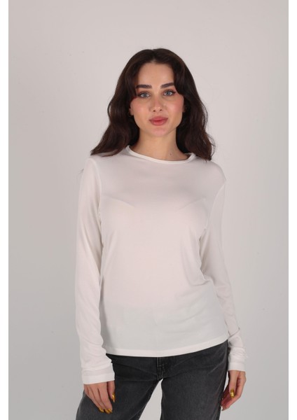 Kadın Ekru Bisiklet Yaka Uzun Kol Body