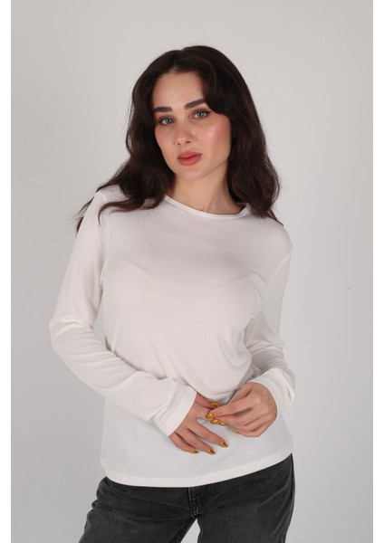 Kadın Ekru Bisiklet Yaka Uzun Kol Body