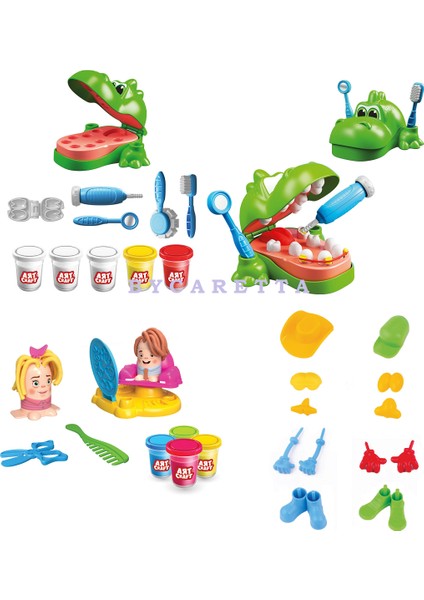 Dinozor Dişçi Oyun Hamur Set + Kuaför Oyun Hamur Seti + Insan Figürü Seti Eğitici Set