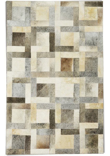 Bej ve Gri Geometrik Desenli Dana Derisi Patchwork Halı