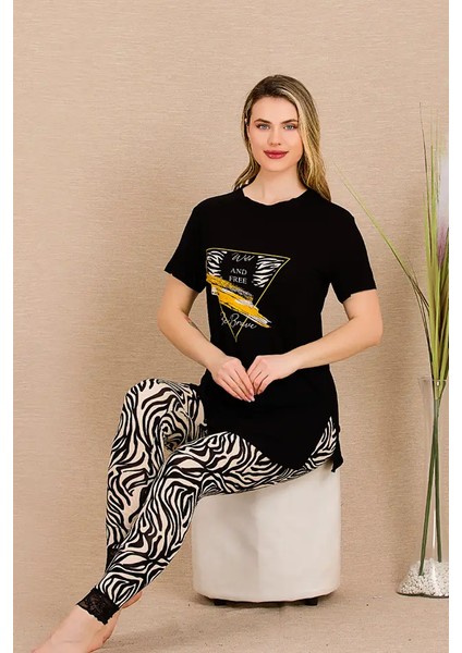 Altı Zebra Desenli Kısa Kollu Dört Mevsimlik Bayan Pijama Takımı
