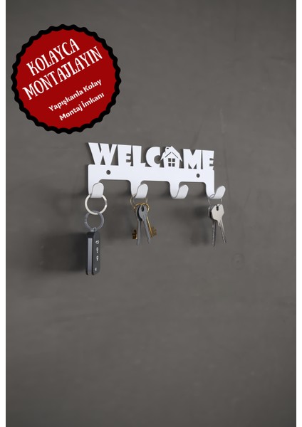 Welcome Hoşgeldiniz Yazılı Metal Anahtar Askısı Metal Anahtarlık Dekoratif Anahtar Askılığı Siyah