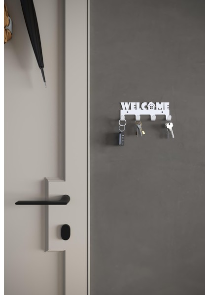 Welcome Hoşgeldiniz Yazılı Metal Anahtar Askısı Metal Anahtarlık Dekoratif Anahtar Askılığı Siyah