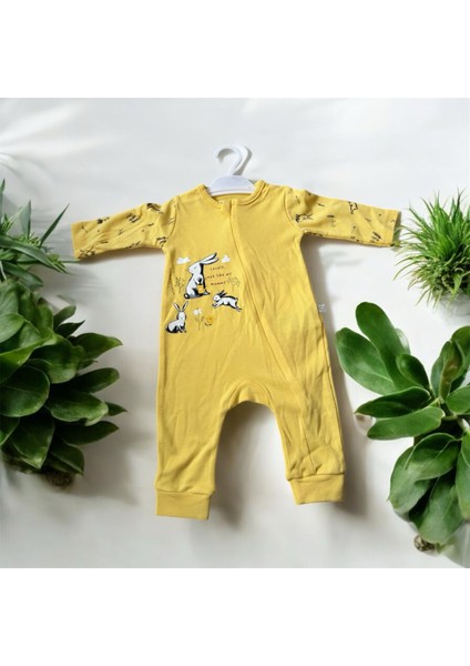 Pamuklu Bebek Tulumu Tavşan Desenli Uzun Kollu Yumuşak Fermuar Korumalı Tulum