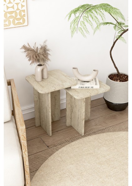 Kare Zigon Sehpa Takımı, 2 Li Set, Yan Sehpa - Traverten Desen