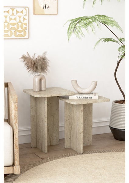 Kare Zigon Sehpa Takımı, 2 Li Set, Yan Sehpa - Traverten Desen