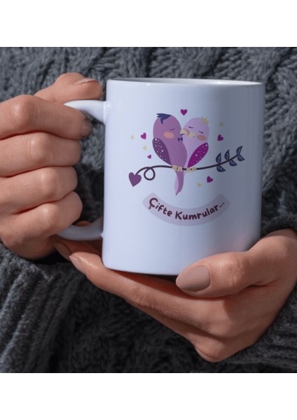 Sevgili İçin Çifte Kumrular Kuş Temalı Hediye Dear Tasarım Beyaz Kupa Bardak