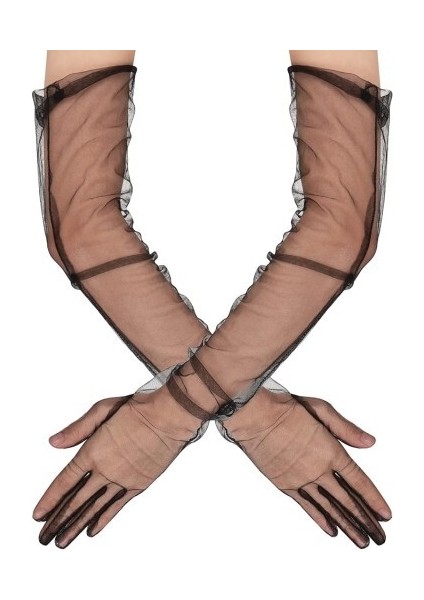 Uzun Boy Likralı Siyah Yetişkin Mega Tül Eldiven