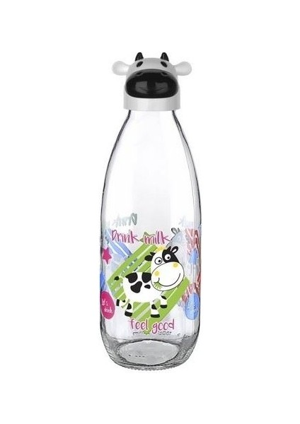 Inek Tasarımlı Sevimli Cam Suluk - Süt Şişesi 1000 ml