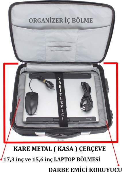 Unisex 17.3" Siyah Çelik Kasalı Laptop Evrak Notebook Bilgisayar Çantası