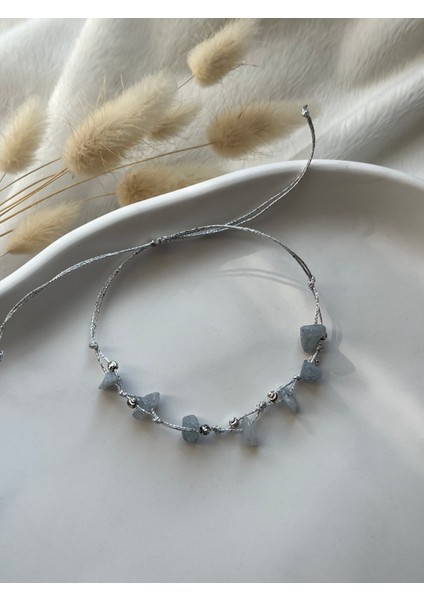 Akuamarin Taşı Ayarlanabilir Gümüş Ip Bileklik & Halhal