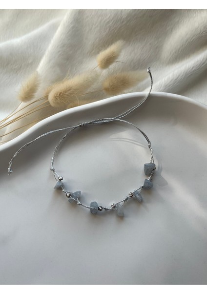 Akuamarin Taşı Ayarlanabilir Gümüş Ip Bileklik & Halhal fiyatları