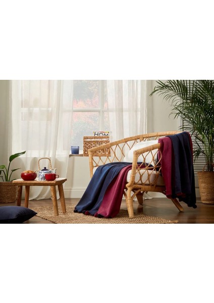 Ponponlu Pamuk Battaniye Tek Kişilik 150X200 Lacivert-Bordo