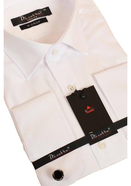 Beyaz 8 Drop Ekstra Uzun Kol Dar Kesim Micro Kumaş Kol Düğmeli Slim Fit Erkek Gömlek - 197-1