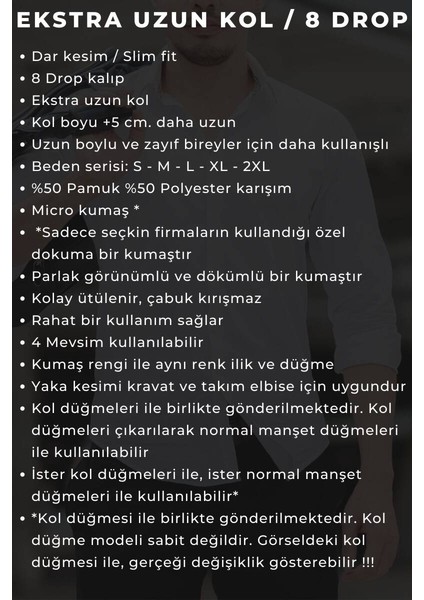 Beyaz 8 Drop Ekstra Uzun Kol Dar Kesim Micro Kumaş Kol Düğmeli Slim Fit Erkek Gömlek - 197-1