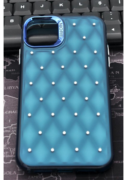 iPhone 12 Uyumlu Baklava Desenli Pırlanta Taşlı Sert Kapak Kılıf Petrol Mavi