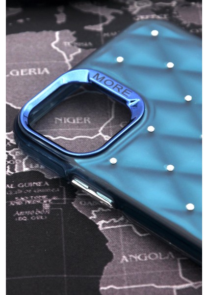 iPhone 12 Uyumlu Baklava Desenli Pırlanta Taşlı Sert Kapak Kılıf Petrol Mavi fiyatları