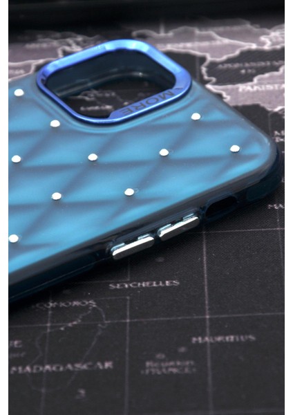 iPhone 12 Uyumlu Baklava Desenli Pırlanta Taşlı Sert Kapak Kılıf Petrol Mavi modelleri