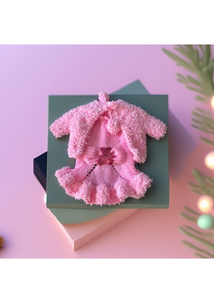 Pamuk Şekeri Lady, Pembe Kedi Köpek Elbise, Şapka ve Hırka Takım