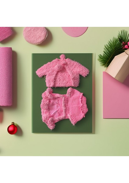Pamuk Şekeri Lady, Pembe Kedi Köpek Elbise, Şapka ve Hırka Takım
