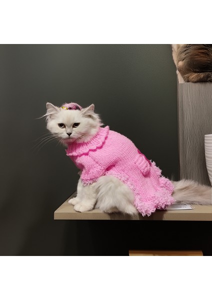 Pamuk Şekeri Lady, Pembe Kedi Köpek Elbise, Şapka ve Hırka Takım