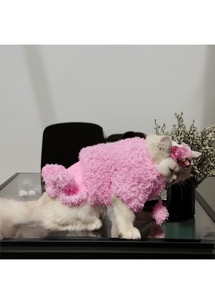 Pamuk Şekeri Lady, Pembe Kedi Köpek Elbise, Şapka ve Hırka Takım