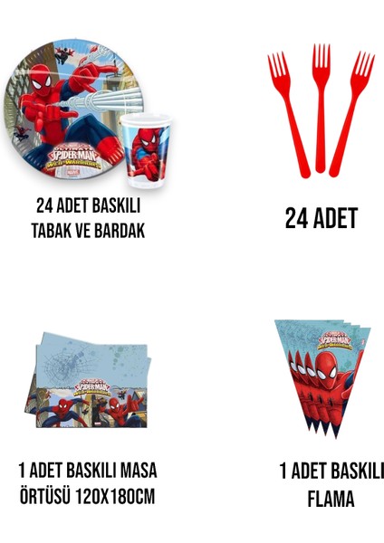 Spider-Man 24 Kişilik Ekonomik Doğum Günü Parti Malzemeleri Seti