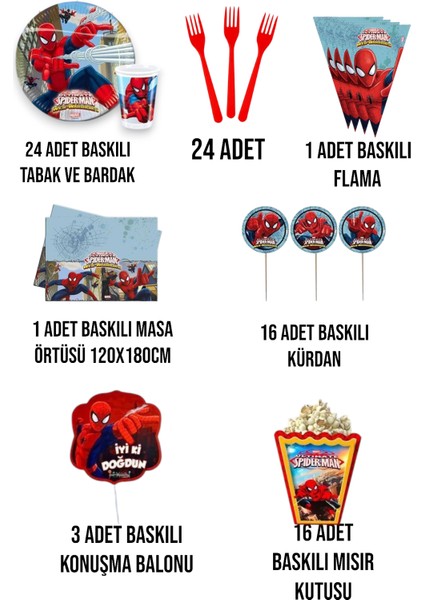 Spider-Man Örümcek Adam 24 Kişilik Set Doğum Günü Parti Malzemeleri