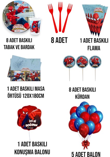 Spider-Man 8 Kişilik Konuşma Balonlu Doğum Günü Parti Malzemeleri Seti