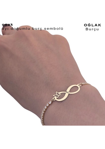 Şahane Sonsuzluk Kelebek Motifli Beyaz Taşlı ve 14 Ayar Altın Plakalı Burç Semboller Bilekliği fiyatları