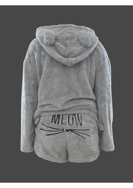 Kadın Uzun Kollu Meow Kedi Nakışlı Kapşonlu Peluş Sweat ve Short Ikili Takım modelleri