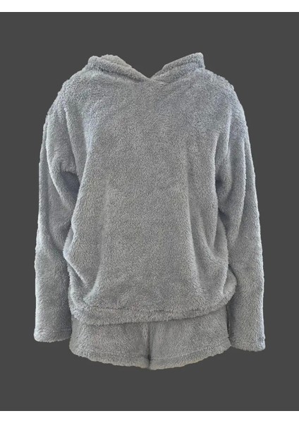 Kadın Uzun Kollu Meow Kedi Nakışlı Kapşonlu Peluş Sweat ve Short Ikili Takım fiyatları