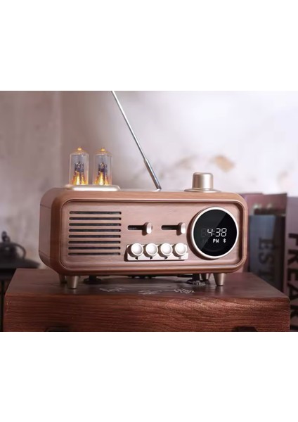 Retro Radyo Hoparlör Ceviz Ahşap Vintage Döner Fm Radyo LED Işık Müzik Çalar Zarif