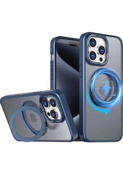 Iphone 15 Pro Uyumlu Kılıf Kamera Korumalı Magsafe Destekli 360 Dönebilir Standlı Mat Kapak